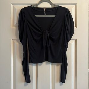 Free People Tie the Knot Top – XS | Gray Ribbed Long Sleeve w/ Puff Shoulders